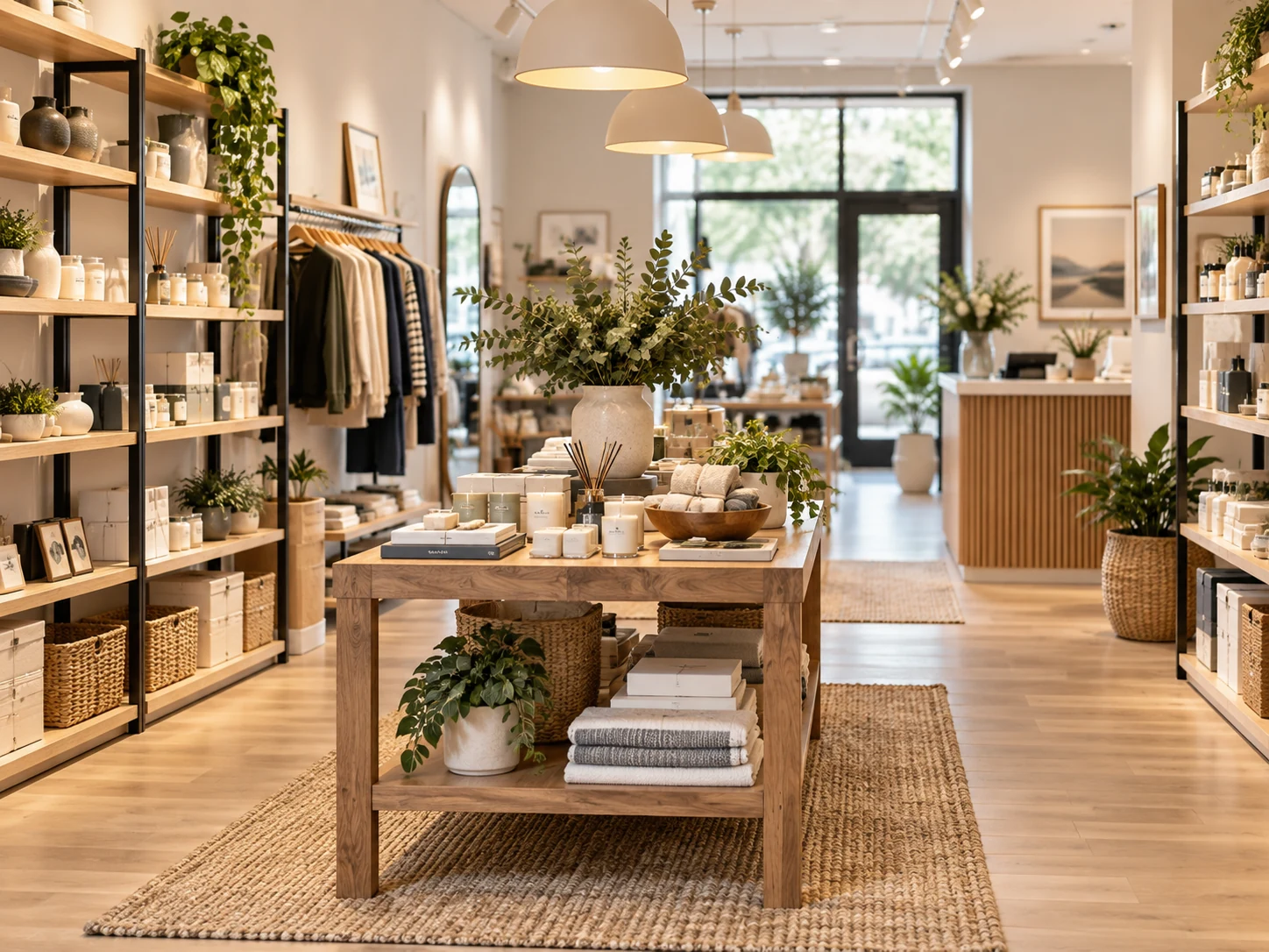 Polished boutique retail interior with tidy displays, warm wood shelving, and greenery.